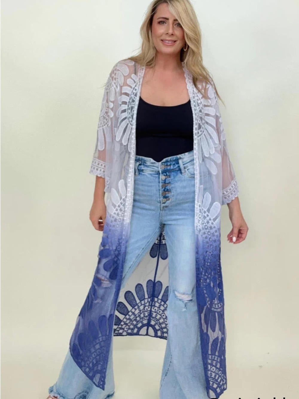 Blue Ombre Embroidered Lace Long Kimono Duster. NWOT